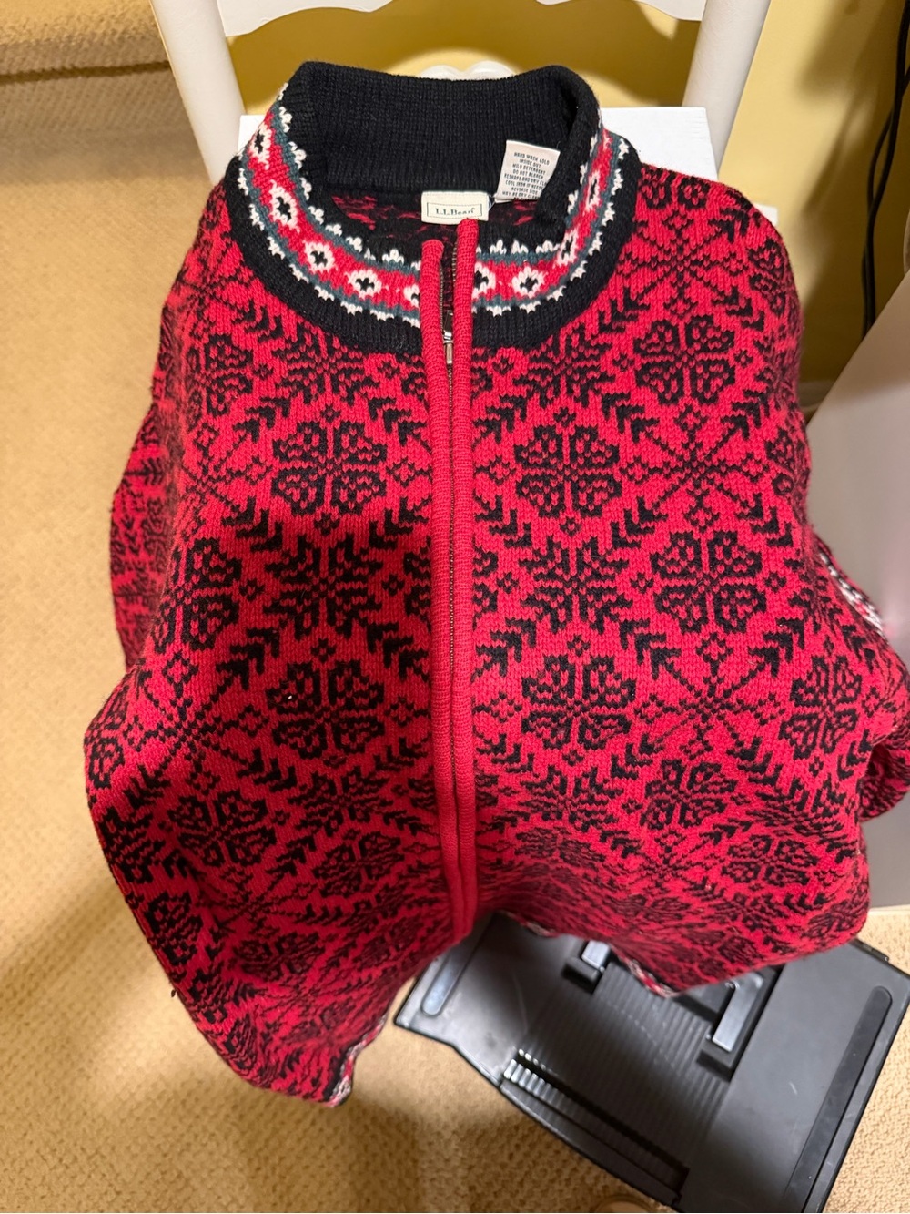 L.L. Bean Red and Black Fair Isle Zip Sweater
